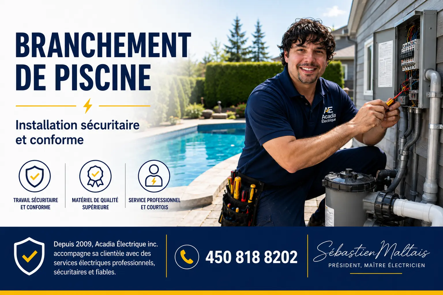 Branchement piscine et thermopompe. Acadia Electrique inc
